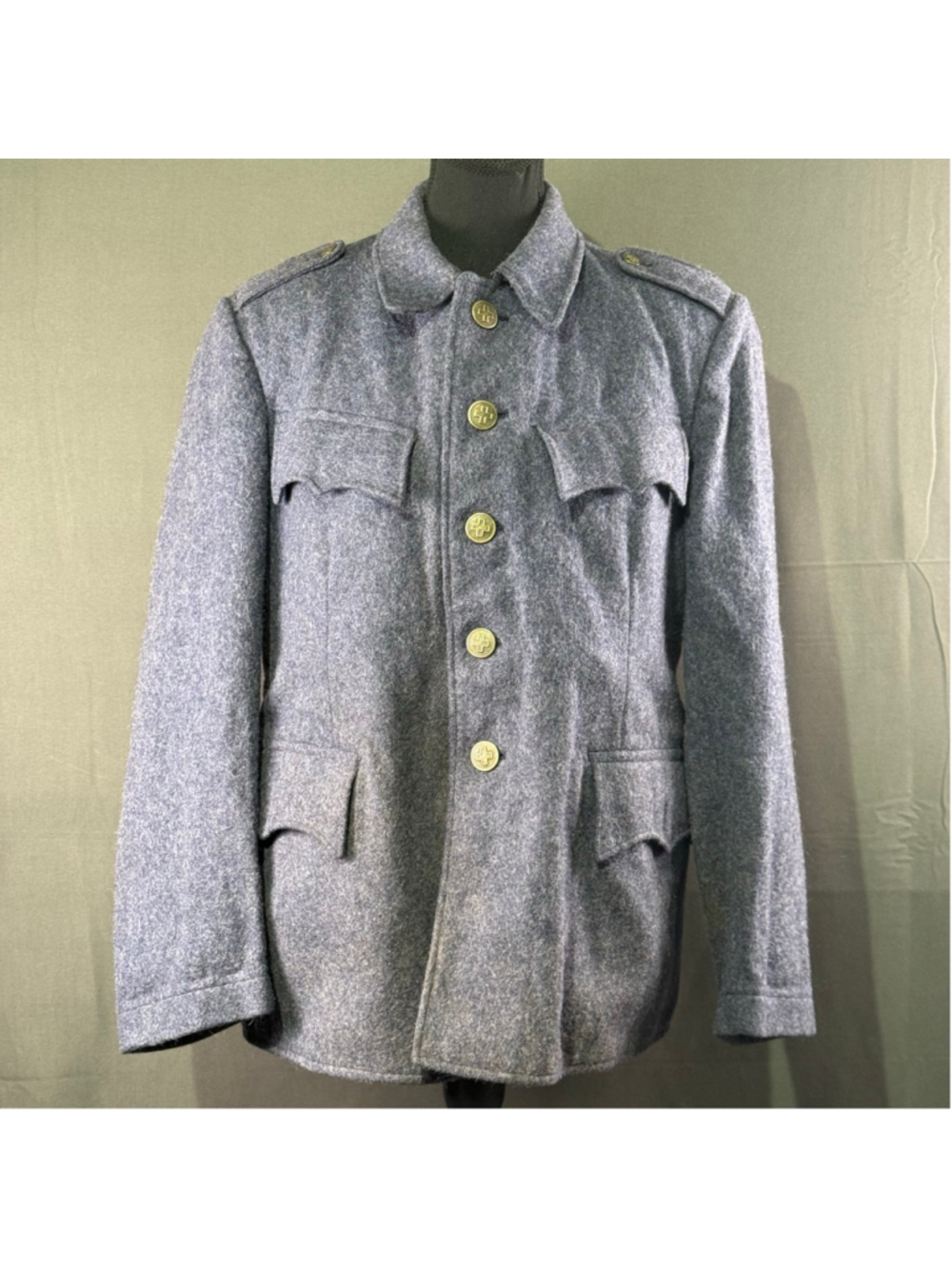 Swiss Army Jacket Men M WWII M40 Wool Field Cross Button Heritage Gray Blue VTG